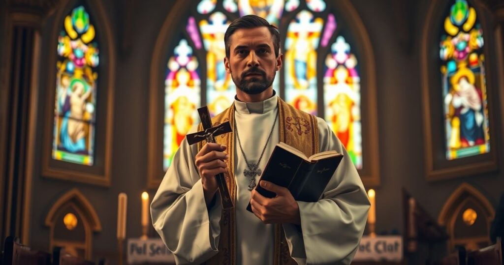 Reverentny katolicki duchowny w tradycyjnych szatach, w kościele z witrażami, trzymający krucyfiks i Biblię, w skupionej modlitwie, symbolizujący głęboką wiarę i tradycję katolicką.