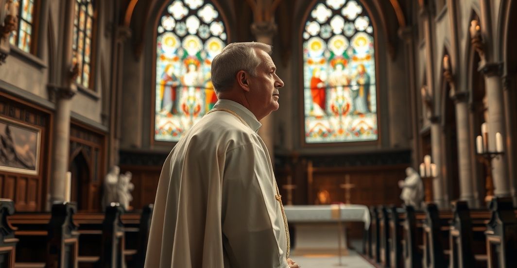 Reverentny katolicki ksiądz w kościele - tradycyjna wiara Reverentny katolicki ksiądz w tradycyjnym stroju w historycznym kościele, wyraz głębokiej kontemplacji