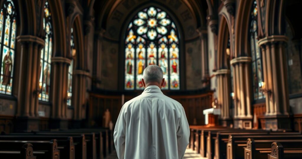 Reverentny katolicki ksiądz w tradycyjnym stroju w starej świątyni, w skupieniu i modlitwie, podkreślający powagę i autentyczność katolickiej liturgii