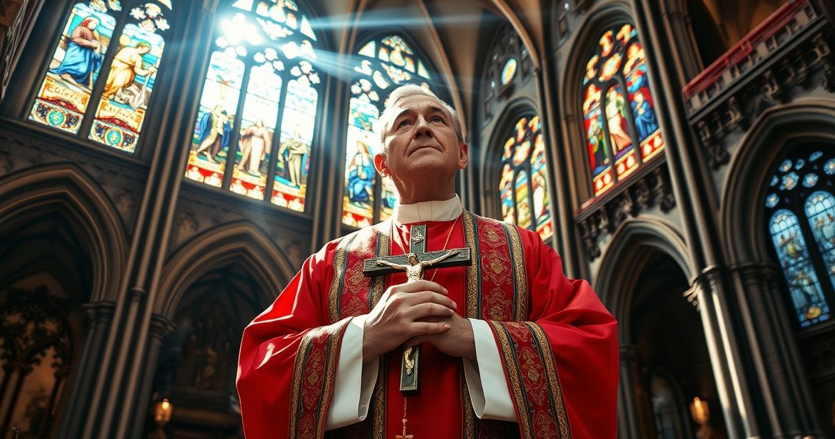 Reverentny ksiądz katolicki z krucyfiksem w eleganckiej świątyni, oświetlony światłem z witraży, ukazujący duchową głębię i tradycyjną pobożność.