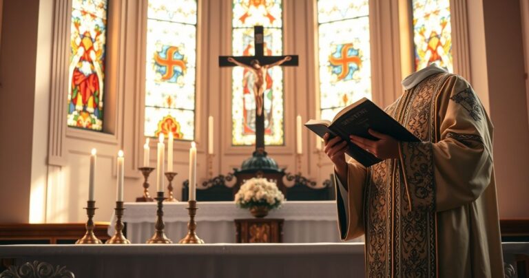 Rewerentny katolicki obraz z ołtarzem, krzyżem i świecami, ukazujący kapłana w sutannie trzymającego Biblię, symbolizujący głęboki szacunek dla tradycji i wiary katolickiej.