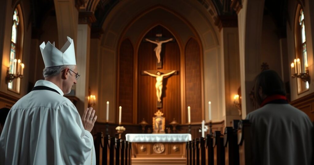 Reverentny obraz katolickiego kapłana modlącego się przed krzyżem w świątyni, symbolizujący duchową pokorę i oddanie Bogu