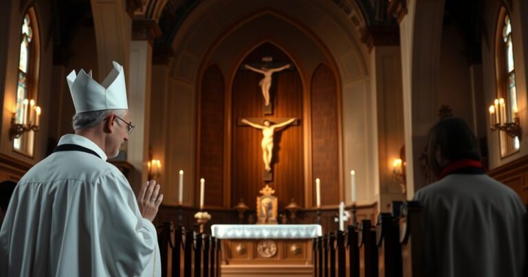 Reverentny obraz katolickiego kapłana modlącego się przed krzyżem w świątyni, symbolizujący duchową pokorę i oddanie Bogu
