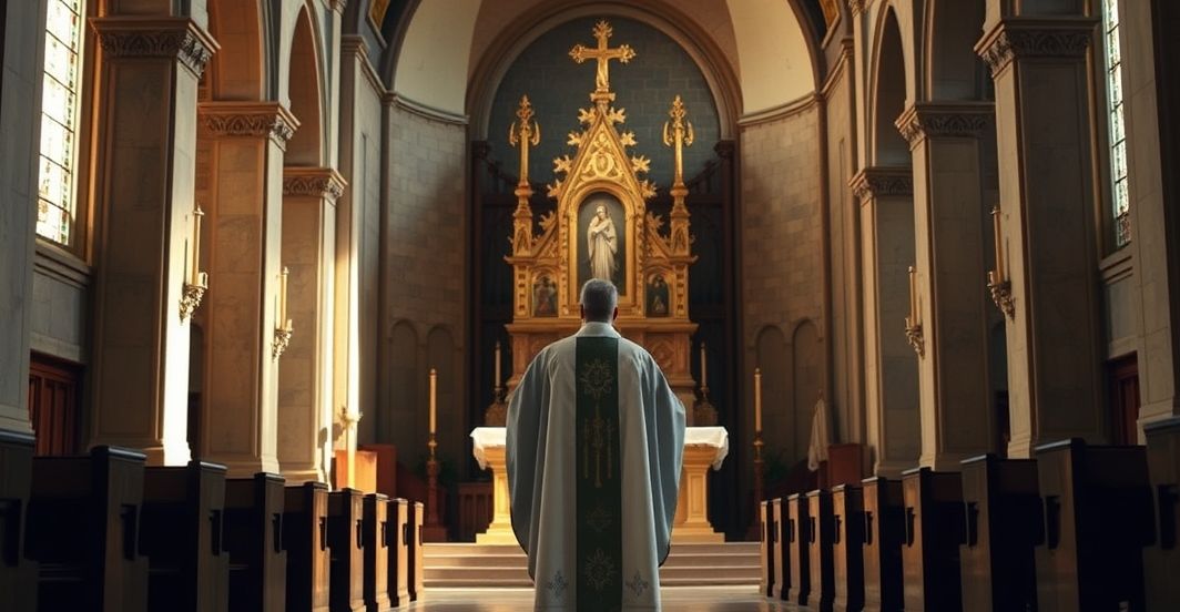 Ujęcie wnętrza kościoła katolickiego z kapłanem w liturgicznych szatach przed tabernakulum, wyrazem powagi i czci, ukazujące sacrum i potrzebę obrony świętości.