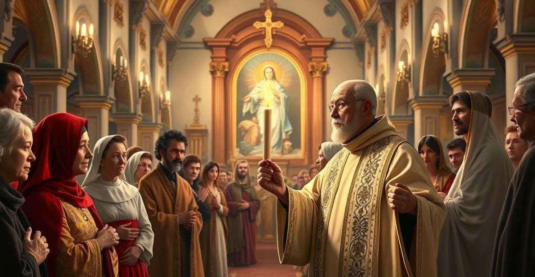 Reverentny obraz katolickiego księdza i wiernych podczas święta Niepokalanego Poczęcia Maryi w tradycyjnym kościele