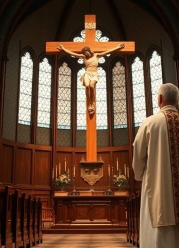 Reverentny katolicki kapłan przy krzyżu w świątyni Reverentny katolicki ksiądz przed dużym krucyfiksem w tradycyjnej świątyni, pełen szacunku i modlitwy