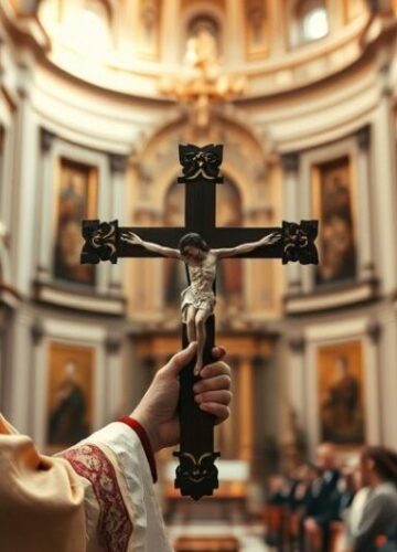 Reverent Catholic Scene with Crucifix in Church Reverent scene w kaplicy kościoła katolickiego z kapłanem trzymającym krzyż, symbol oddania wiernych i prawdziwego kultu Chrystusa