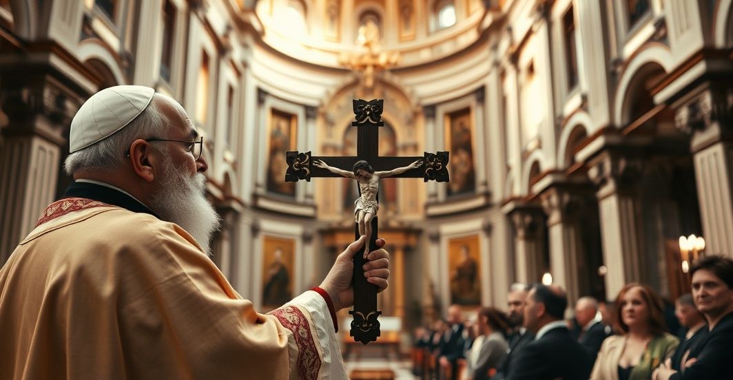 Reverent Catholic Scene with Crucifix in Church Reverent scene w kaplicy kościoła katolickiego z kapłanem trzymającym krzyż, symbol oddania wiernych i prawdziwego kultu Chrystusa