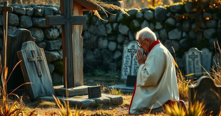 Rewerentna scena katolicka z kapłanem modlącym się przy starym cmentarzu wojskowym, symbolizująca pamięć i wiarę bez kontrowersji