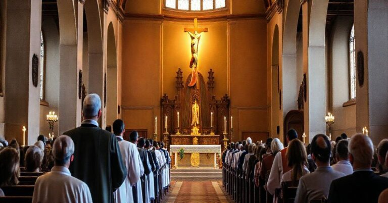 Rewerentny obraz katolickiej liturgii w tradycyjnej świątyni, ukazujący kapłana i wiernych podczas modlitwy w odpowiednim nastroju, podkreślający autentyczną wiarę i szacunek dla sakramentu.