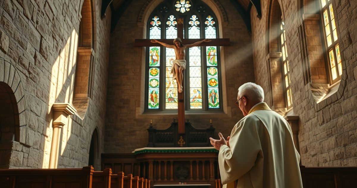 Reverentna scena katolicka z duchownym modlącym się przed krzyżem w kościele, symbolizująca wiarę i duchową głębię