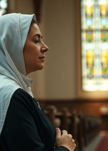 Rewerentna katolicka modlitwa w tradycyjnym kościele Katolicka kobieta modląca się w tradycyjnej świątyni, wyraz głębokiej wiary i pokory