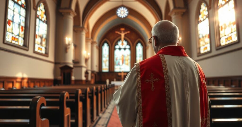 Realistyczne, religijne zdjęcie wnętrza kościoła katolickiego z kapłanem i krucyfiksem, podkreślające pobożność i duchowość