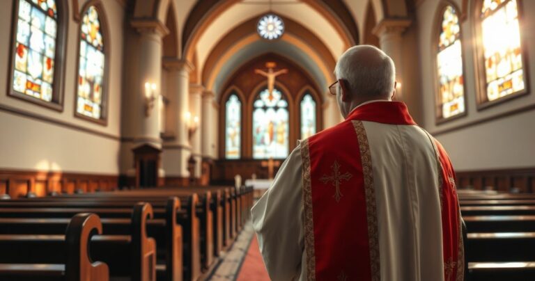 Realistyczne, religijne zdjęcie wnętrza kościoła katolickiego z kapłanem i krucyfiksem, podkreślające pobożność i duchowość