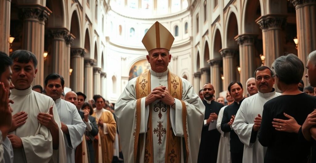 Klasztorna scena katolickiego nabożeństwa z kapłanem w tradycyjnych szatach i wiernymi w kościele z klasyczną architekturą, ukazująca powagę i pobożność
