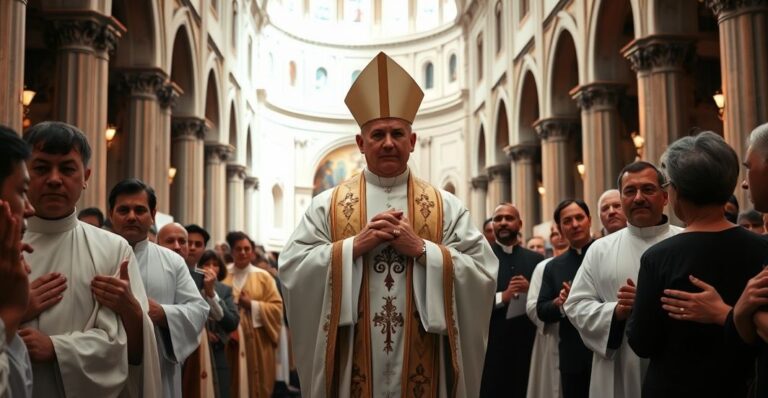 Klasztorna scena katolickiego nabożeństwa z kapłanem w tradycyjnych szatach i wiernymi w kościele z klasyczną architekturą, ukazująca powagę i pobożność