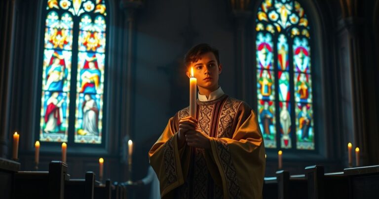 Młody ksiądz w tradycyjnych szatach trzymający świecę na ołtarzu w kościele, w delikatnym świetle, symbolizujący wiarę i pobożność w tradycyjnym katolickim otoczeniu.