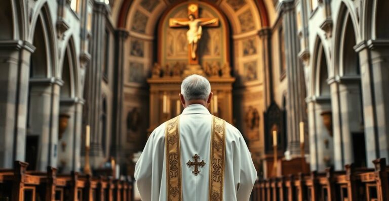 Reverentny katolicki ksiądz w tradycyjnych liturgicznych szatach w kościele, wyraz skupienia i powagi, symbolizujący wierność wierze przeciwko sekularyzmowi
