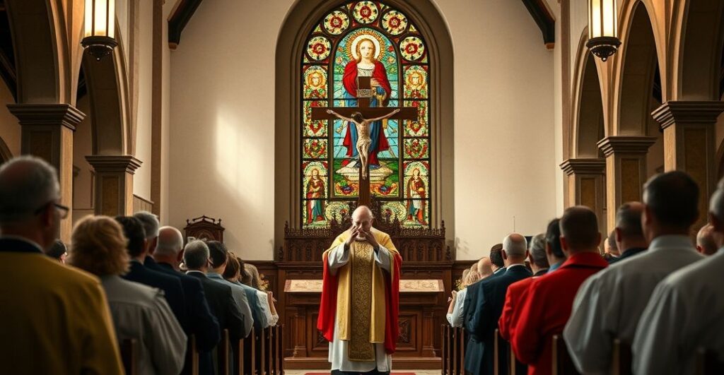 Obraz ukazujący kapłana w tradycyjnej szacie liturgicznej podczas nabożeństwa, z silnym poczuciem pobożności i szacunku, podkreślający Chrystusa Króla w katolickim kościele