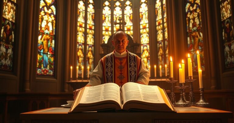 Zdjęcie realistyczne, pełne szacunku przedstawiające kapłana w tradycyjnym stroju podczas liturgii, z krzyżem, Biblią i świecami, oddające atmosferę głębokiej wiary i nabożeństwa katolickiego.