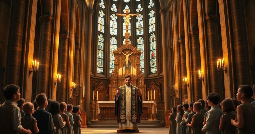 Duchown w tradycyjnych szatach katolickich z dzieciakami w świątyni, ukazujący wiarę, pokorę i Boże miłosierdzie, w realistycznym, pełnym szacunku ujęciu.