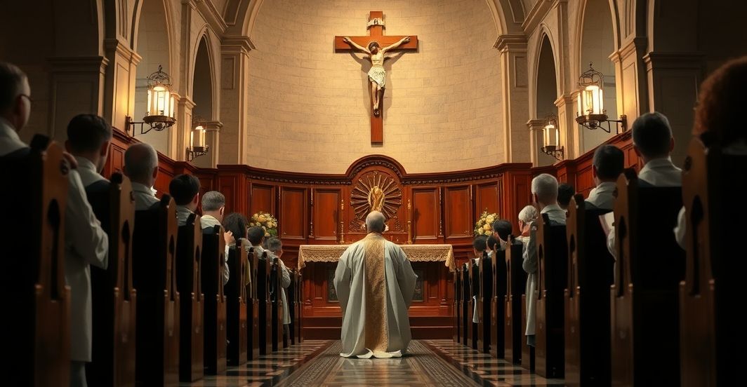 Rewerentny obraz katolicki ukazujący autentyczną liturgię i duchową wierność Rewerentny obraz katolicki ukazujący kapłana w tradycyjnej świątyni, modlącego się przed ołtarzem z krucyfiksem, podkreślający wagę prawdy i autorytetu Kościoła