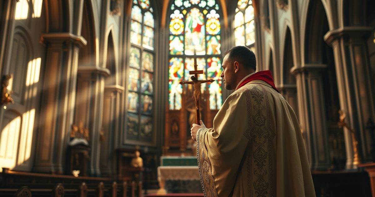 Realistyczne zdjęcie katolickiego kościoła z kapłanem w tradycyjnych szatach, trzymającym krucyfiks przed ołtarzem w świetle naturalnym, podkreślające sakralną atmosferę i tradycyjną modlitwę.