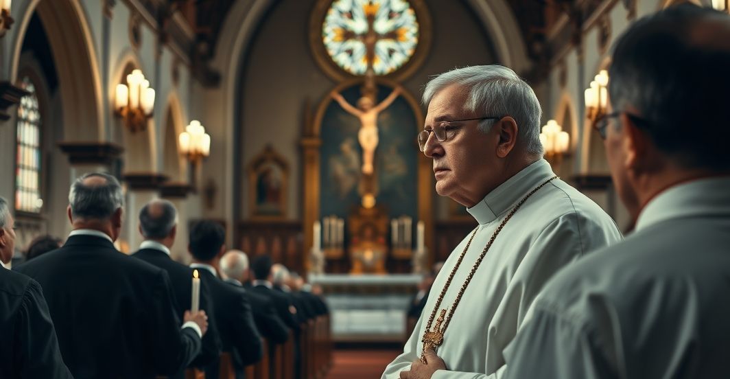 Rewersyjna scena katolicka w tradycyjnej świątyni podczas czuwania Rewersyjne katolickie nabożeństwo w tradycyjnej świątyni podczas uroczystości upamiętniającej kapłana, z kapłanami i świecami, symbolizujące lojalność wobec katolickiej tradycji