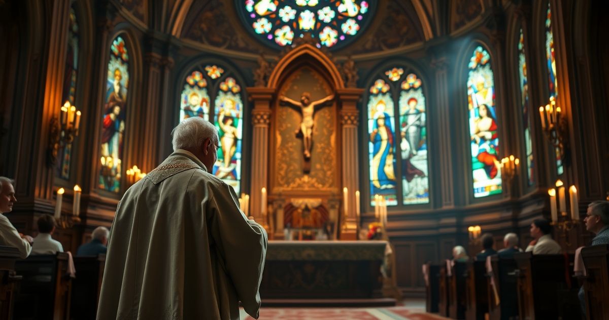 Realistyczny obraz starszego kapłana w tradycyjnym stroju katolickim, modlącego się przy ołtarzu z krzyżem i świecami, w otoczeniu pięknych witraży, oddający atmosferę głębokiej religijnej czci.