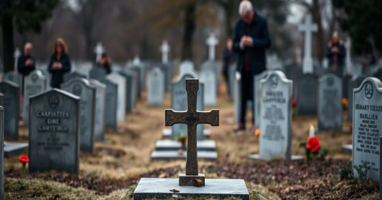 Sobótna scenografia cmentarza Osobowice, z tradycyjnym krzyżem katolickim i nagrobkami ofiar terroru komunistycznego, podkreślającym potrzebę modlitwy i testamentu wiary.