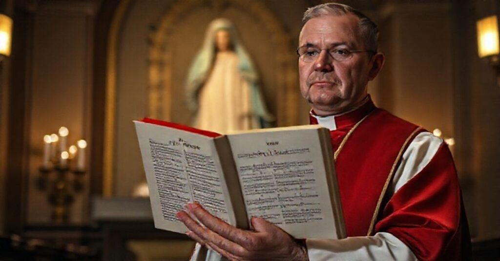 Ksiądz w tradycyjnych szatach kościelnych trzyma dokument z tytułem 'Mater Populi fidelis', wyrażając smutek z rewizji nauki o maryjnej pobożności.