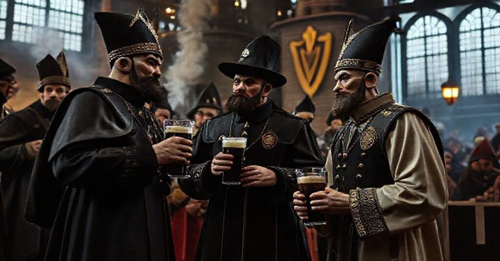 Grupa katolickich robotników w XIX-wiecznym Dublinie przed fabryką Guinnessa.