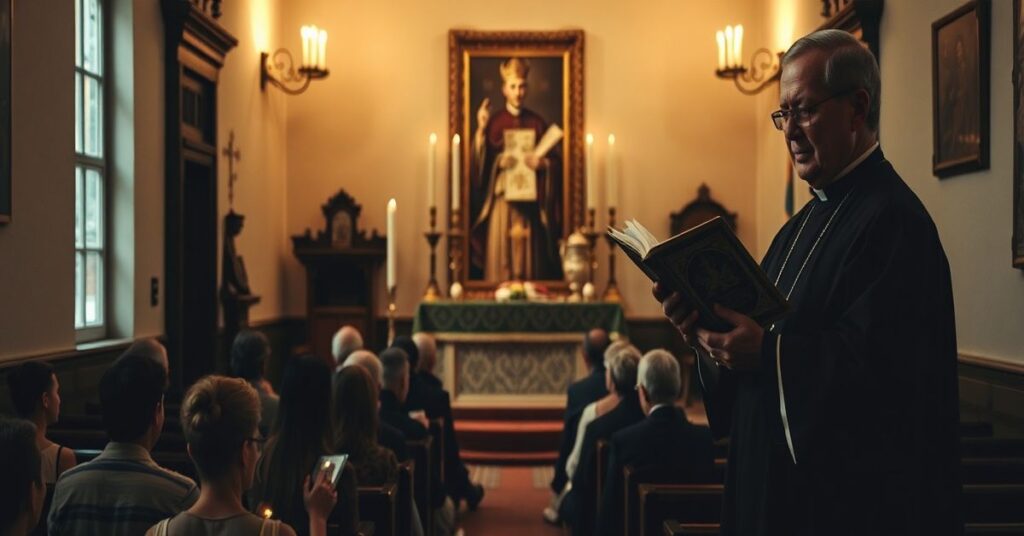 Tradycyjna kaplica katolicka z wiernymi modlącymi się przed ołtarzem w trakcie Mszy Świętej według Tradycji. Na ścianie widnieje stare zdjęcie Pawła VI trzymającego dokument Novus Ordo Missae, obok stoi Annibale Bugnini w cieniu. Scena symbolizuje tragizm wprowadzenia nowej mszału.