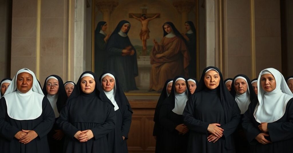 Sobieszcza scena przedstawiająca dwie grupy kobiet w nowoczesnych habitach w ciemnym wnętrzu kościoła. Ich twarze są pozbawione wyrażania, a postawy sztywne. W tle widnieje wyblakły fresk przedstawiający tradycyjne zakonnice w modlitwie. Scena jest pozbawiona tradycyjnych symboli życia konsekrowanego.