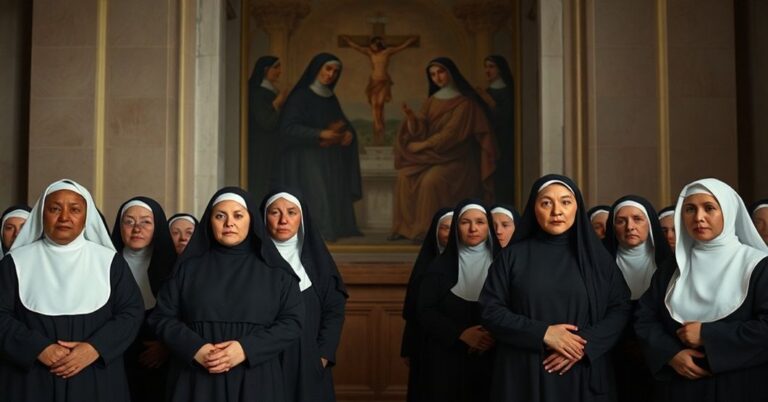 Sobieszcza scena przedstawiająca dwie grupy kobiet w nowoczesnych habitach w ciemnym wnętrzu kościoła. Ich twarze są pozbawione wyrażania, a postawy sztywne. W tle widnieje wyblakły fresk przedstawiający tradycyjne zakonnice w modlitwie. Scena jest pozbawiona tradycyjnych symboli życia konsekrowanego.