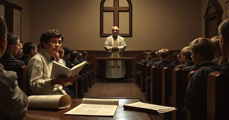 Tradycyjny katolicki obraz klasy katechetycznej w Czeladzi, gdzie laik próbuje uczyć nauk wiary pod obserwacją nieufnego kapłana