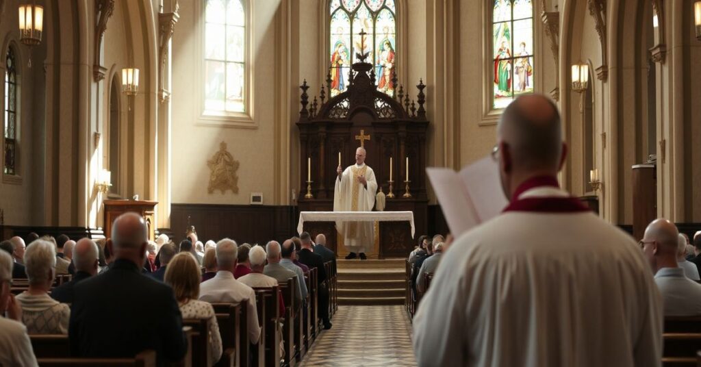 Sobór katolicki, tradycyjna msza trydencka w łacinie, kapłan w ornacie liturgicznym, wierni na kolanach w modlitwie. Na tle 'kardynał' Blase Cupich trzyma dokument modernistyczny. Kontrast między pięknem Tradycji a rewolucją nowego porządku.