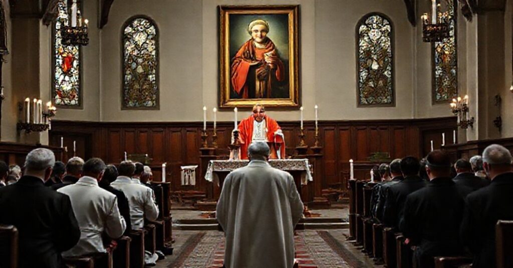 Wnętrze tradycyjnego kościoła katolickiego podczas rekolekcji krakowskich pod przewodnictwem kardynała Grzegorza Rysia. Scena podkreśla brak prawdziwego nawrócenia i nadużycia w interpretacji katolickiej nauki.