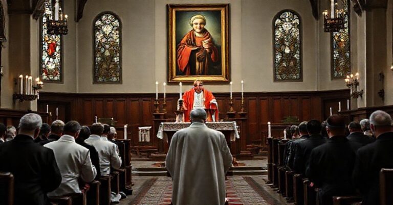 Wnętrze tradycyjnego kościoła katolickiego podczas rekolekcji krakowskich pod przewodnictwem kardynała Grzegorza Rysia. Scena podkreśla brak prawdziwego nawrócenia i nadużycia w interpretacji katolickiej nauki.
