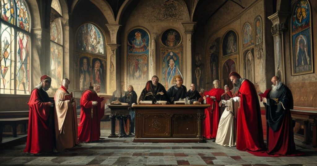 Ciemna kaplica katolicka z pustym tronem w centrum otoczona przez cztery kardynałów dyskutujących o modernistycznych odstępstwach od nauki katolickiej