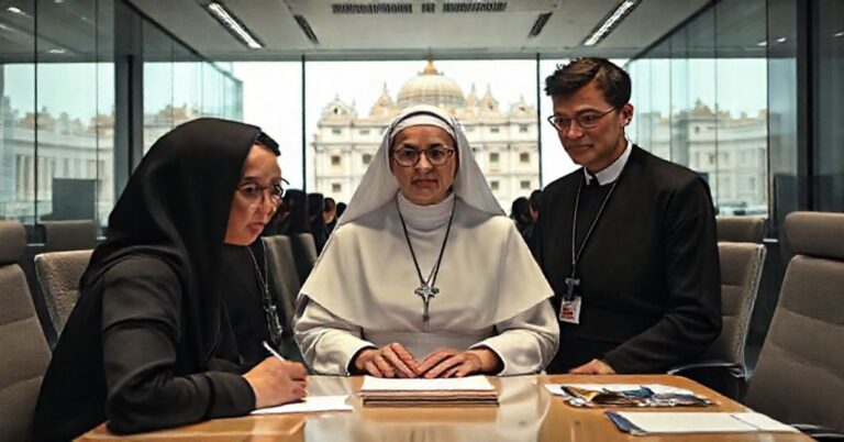 Obraz przedstawia siostrę Raffaellę Petrini jako przewodniczącą Papieskiej Komisji Państwa Watykańskiego w nowoczesnym biurze w Rzymie.