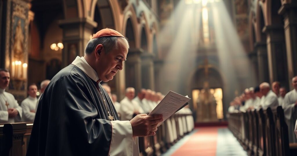 Rezystancja katolicka w tradycyjnym kościele, duchowni w vestmentach, powaga i troska, odzwierciedlenie kryzysu wiary i apostazji od strony sedevacantystów