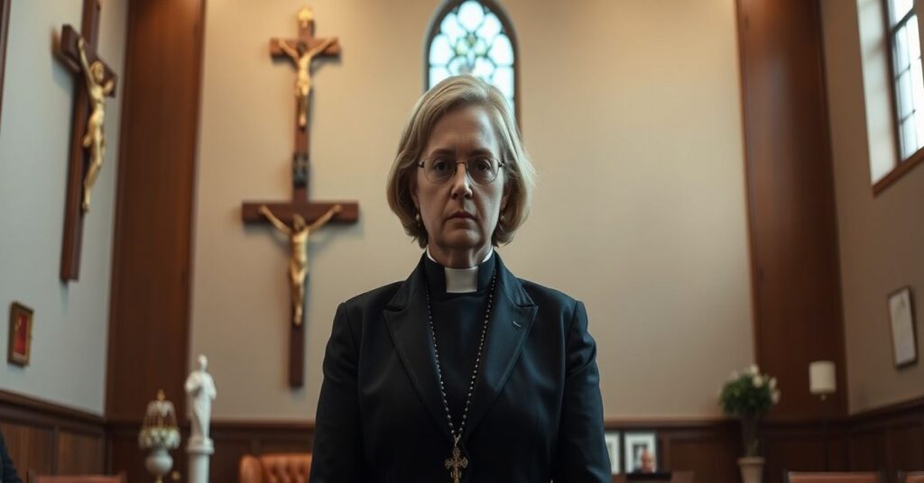 Portret Laurie Thronessa, katolickiego kierownika szkoły w Kolumbii Brytyjskiej, w atmosferze smutku po wyroku sądowym nakazującym zapłatę 750 tysięcy dolarów za wypowiedź na temat płci biologicznej.