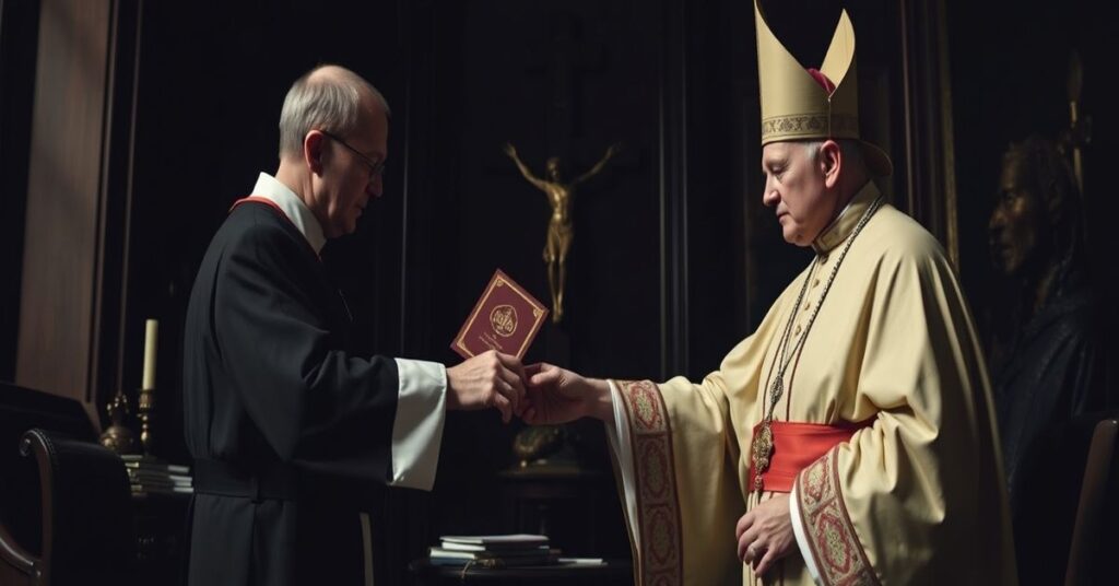 Obraz przedstawiający rezygnację arcybiskupa Jeana-Marie Speicha z funkcji nuncjusza w Holandii, ukazujący apostazję sekty posoborowej