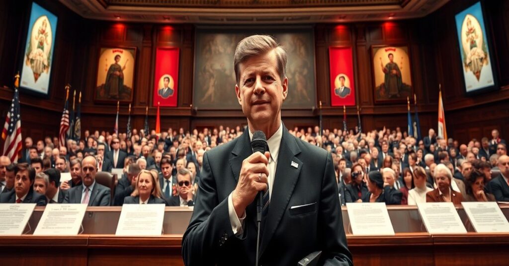 Robert F. Kennedy Jr. przed dokumentami i biurkiem podczas CPAC 2026