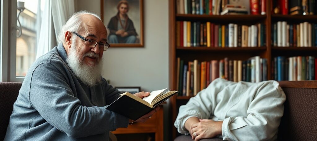 Richard Dawkins rozmawia z czatbotem Claude w ciemnym pokoju z krzyżem katolickim na stole
