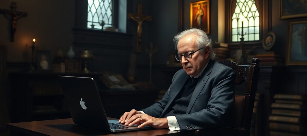 Portret Richarda Dawkinsa w tradycyjnym katolickim gabinecie z laptopem otwartym na czatbotie Claude