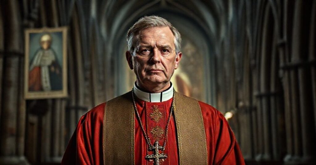 Portret Richarda Motha w tradycyjnych szatach biskupich w gotyckiej katedrze.