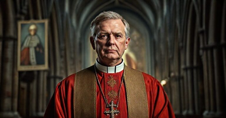 Portret Richarda Motha w tradycyjnych szatach biskupich w gotyckiej katedrze.