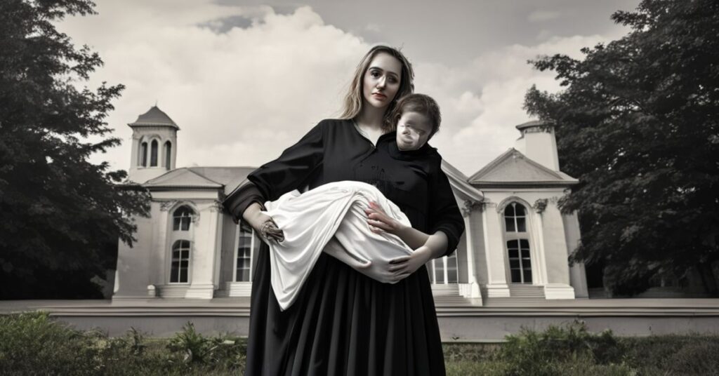 Riley Gaines trzymająca w ramionach trzymiesięczną córkę w kuloodpornym kocu przed Sądem Najwyższym USA